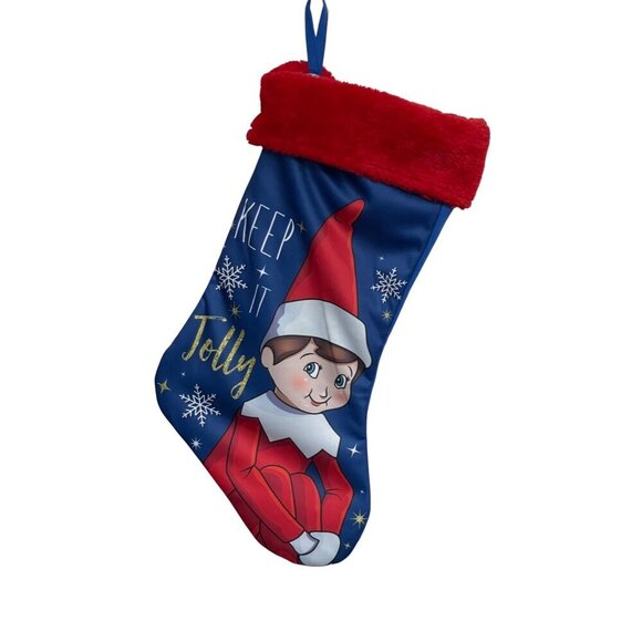 Elf On The Shelf Christmas Stocking With Red Velvet Cuff & Blue Background - Picture 1 of 4